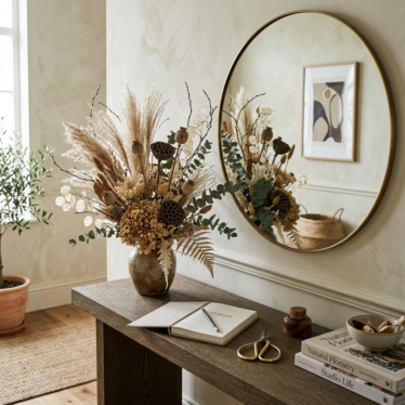 Structured decorative dried flower arrangement on an entryway console table beside a mirror.