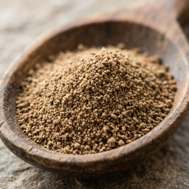 Macro close-up of uniformly milled ground poppy pod powder showing consistent particle size.