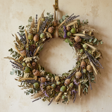 Decorative dried floral wreath featuring whole poppy pods and natural botanicals.