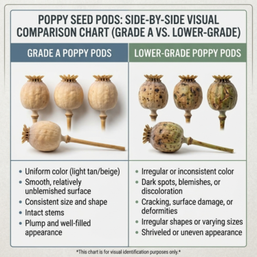 Quality comparison chart of Grade A poppy pods versus lower-grade material showing color, integrity, and consistency differences.