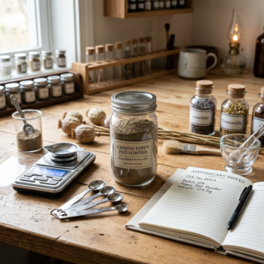 Organized workspace with a scale, measuring tools, and labeled ground poppy pod powder.