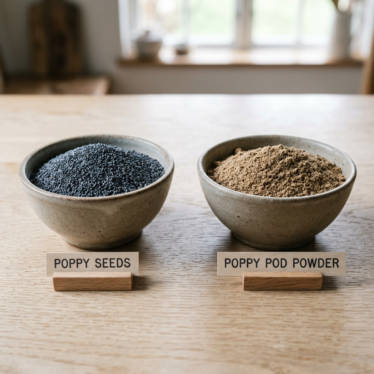 Poppy seeds and ground poppy pod powder shown side by side in labeled bowls.