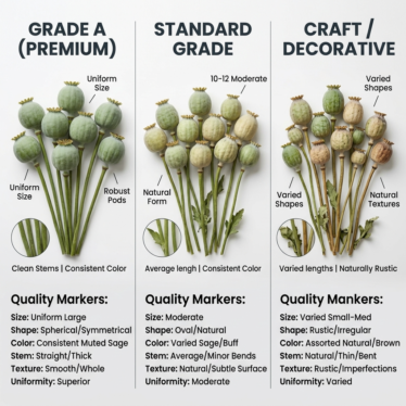 Grading chart comparing Grade A, Standard, and Craft poppy pods with labeled quality markers.