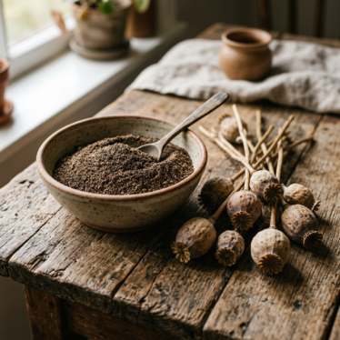 owl of finely ground natural poppy pods powder beside whole dried poppy pods on a wooden surface.