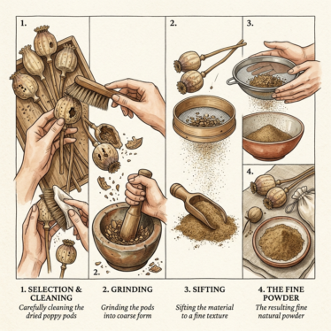 Four-stage process showing dried poppy pods being cleaned, ground, and sifted into fine natural poppy pods powder.