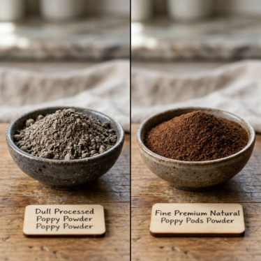 Comparison of dull processed poppy powder next to fine premium natural poppy pods powder.