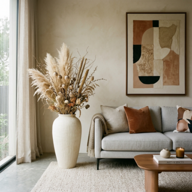 Large decorative dried flower floor arrangement anchoring a modern living room seating area.