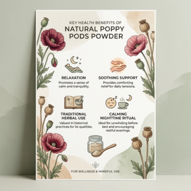 Infographic showing the key health benefits of natural poppy pods powder.
