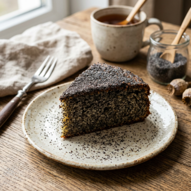 Slice of homemade poppy cake dusted with natural poppy pods powder on a plate.