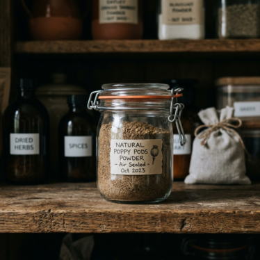 Airtight glass jar of natural poppy pods powder stored in a cool, dark pantry.