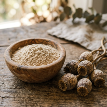 Finely milled opium poppy powder in a bowl next to dried Papaver somniferum poppy pods.