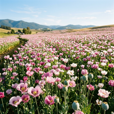 Papaver somniferum opium poppy field showing mature seed pods before harvest for premium poppy powder.