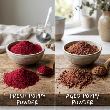 Comparison of fresh premium poppy powder against degraded aged dried poppy pod powder.