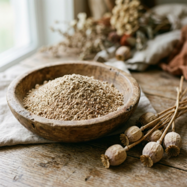 Organic poppy pod powder in a bowl next to dried Papaver somniferum seed pods.
