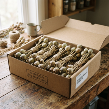 Wholesale dried poppy pods bundled and boxed for bulk delivery across Australia.