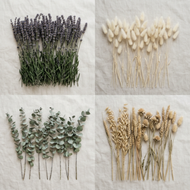Decorative dried flowers sorted by type before styling an arrangement.