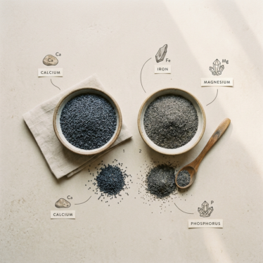 Nutritional benefits of organic poppy pod powder showing fiber, calcium, zinc, and omega-5 content
