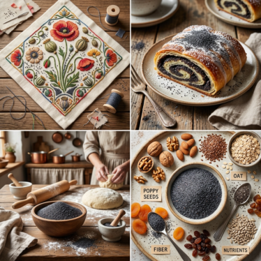 Four dried poppy pod powder uses: botanical craft, culinary baking, traditional preparation, and nutritional applications.