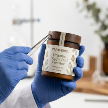 Sealed premium organic poppy pod powder packaging with quality verification.