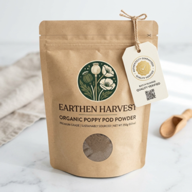 Sealed premium organic poppy pod powder packaging with a quality verification tag.