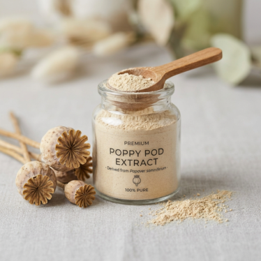 100% pure premium poppy pod extract powder from Papaver somniferum beside dried poppy pods.