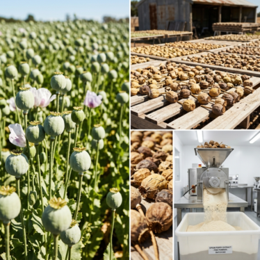 Poppy pods at harvest, drying, and milling stages transformed into fine extract powder.