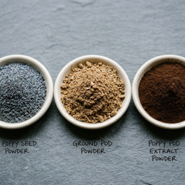 Bluish-gray poppy seed powder, tan-brown poppy pod powder, and dark poppy pod extract powder compared side by side.