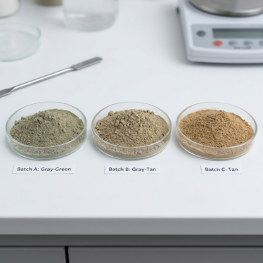Poppy pod extract powder quality evaluation, texture test showing gray-green to tan color range.