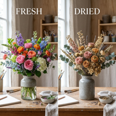 Fresh flower bouquet compared to a long-lasting decorative dried flower arrangement."]