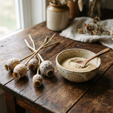 Dried poppy pods and ground poppy seed powder in a rustic bowl on a weathered wooden table.