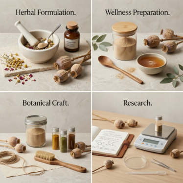 Four-panel botanical wellness image showing poppy pod extract powder applications in herbal formulation, wellness preparation, botanical craft, and research