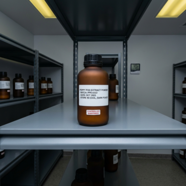 Opaque sealed container of poppy pod extract powder stored on a shelf in a cool, dark, controlled environment.