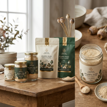 Premium Poppy Pods poppy pod extract powder in labeled jars and pouches for wholesale and retail purchase, displayed in a premium botanical product setting.