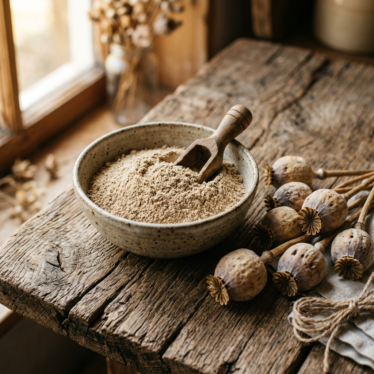 Premium poppy pods powder next to whole dried poppy pods.