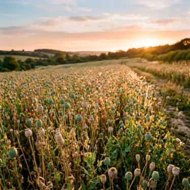 Papaver somniferum poppy plants with mature drying pods in a field.