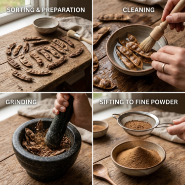 The five-step process of making poppy pods powder from dried pods."