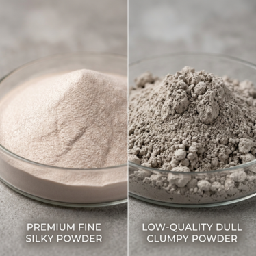 Comparison of premium poppy pods powder and low-quality clumpy powder.