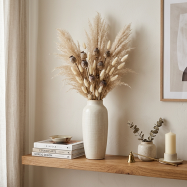 Decorative dried flowers arranged in a neutral ceramic vase on a modern living room shelf.