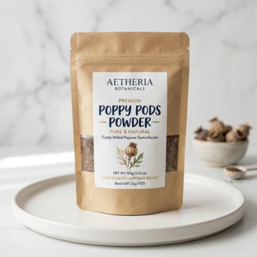Premium poppy pods powder in labeled packaging.
