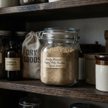Poppy pods powder stored in an airtight jar in a dark pantry.