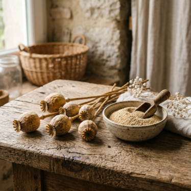 Poppy pods powder online — dried pods next to finely milled poppy pod powder in a bowl
