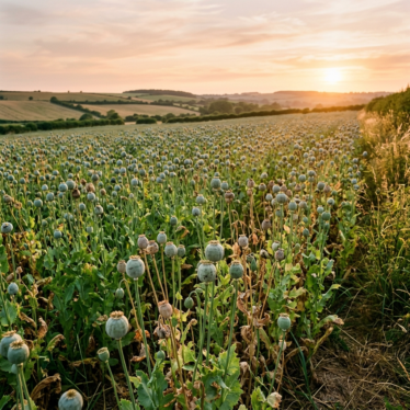 Papaver somniferum poppy pods drying in a field — source material for poppy pods powder