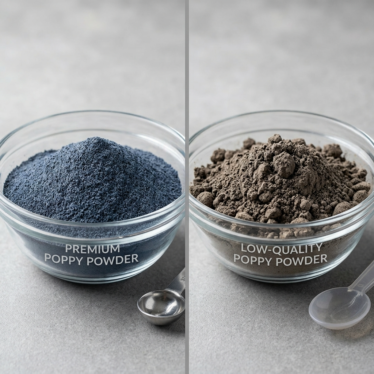 Poppy pod powder quality comparison — premium fine powder next to clumpy low-grade powder