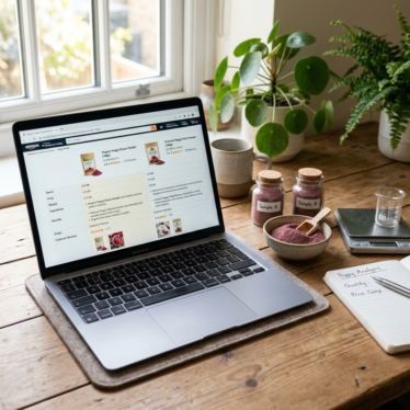 Shopper comparing two product listings on a laptop with poppy powder samples nearby.