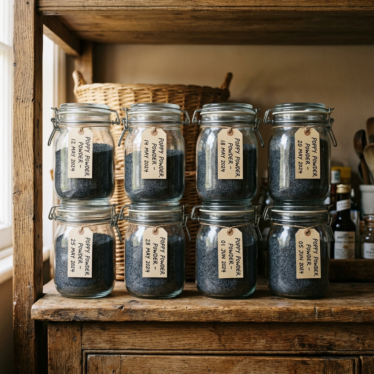 Poppy pods powder storage — airtight labeled glass jars in a cool, dark pantry