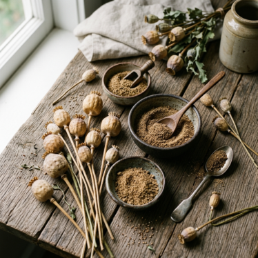 Premium poppy pods powder online — dried pods and bowls of milled powder in a rustic flat-lay