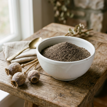 Fine premium poppy powder in a ceramic bowl beside whole dried poppy pods on a rustic wooden surface.