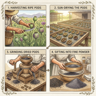 Four-stage visual showing poppy pods harvested, dried, ground, and sifted into fine poppy powder.