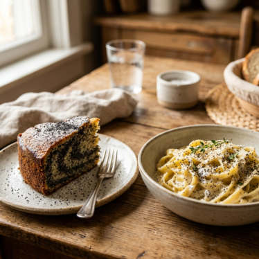 Slice of homemade poppy powder cake beside a bowl of creamy pasta lightly dusted with poppy powder.