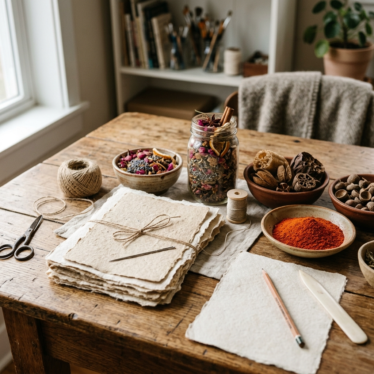 Cozy craft table with handmade paper, potpourri, dried pods, and bowls of poppy powder.